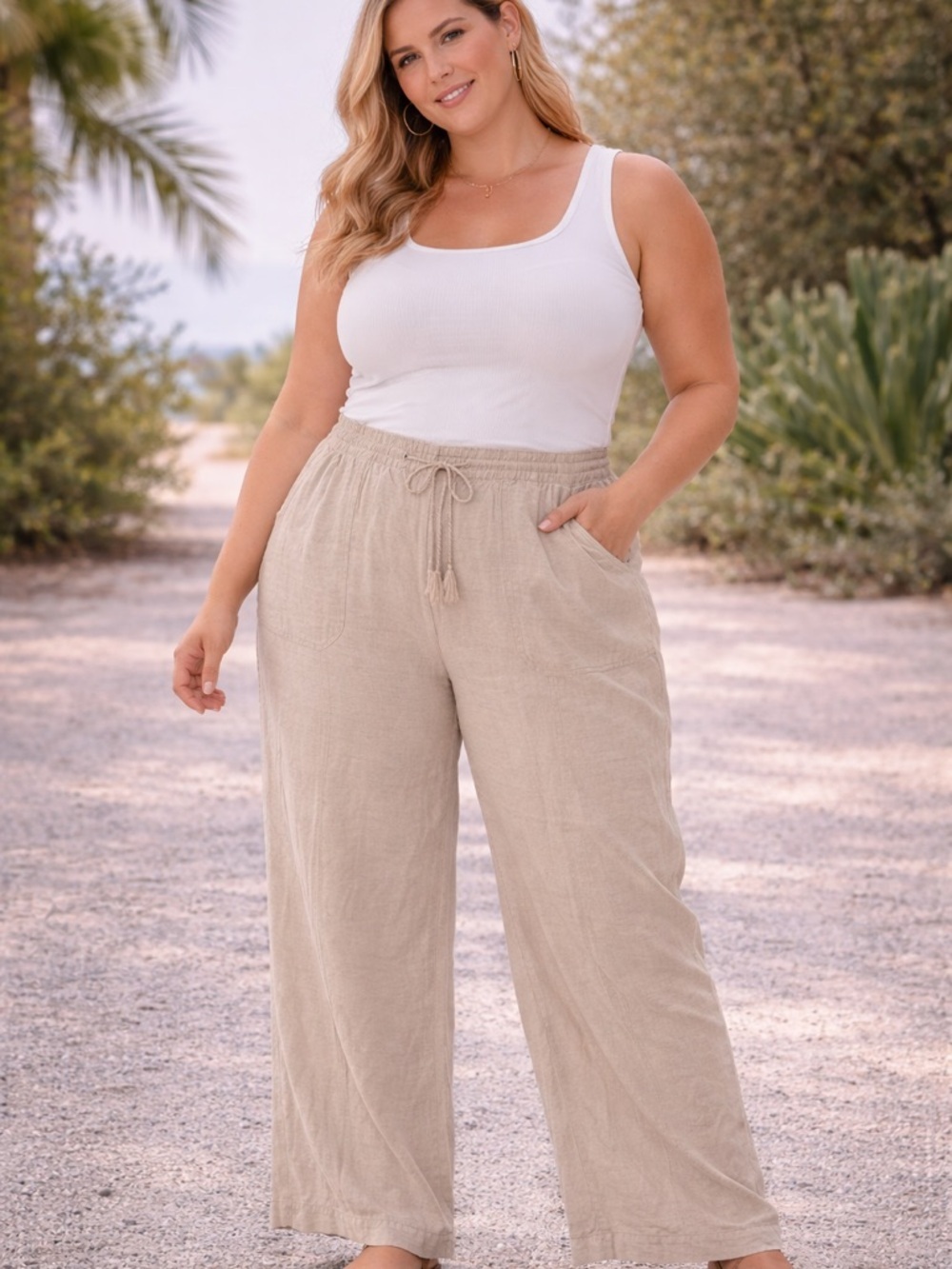 Lane Bryant Linen Blend Pants Womens 22/24 Beige Wide Leg Drawstring‎ Coastal